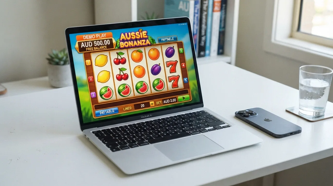 A laptop displaying a 1spin4win slot in demo mode with a play-money balance visible