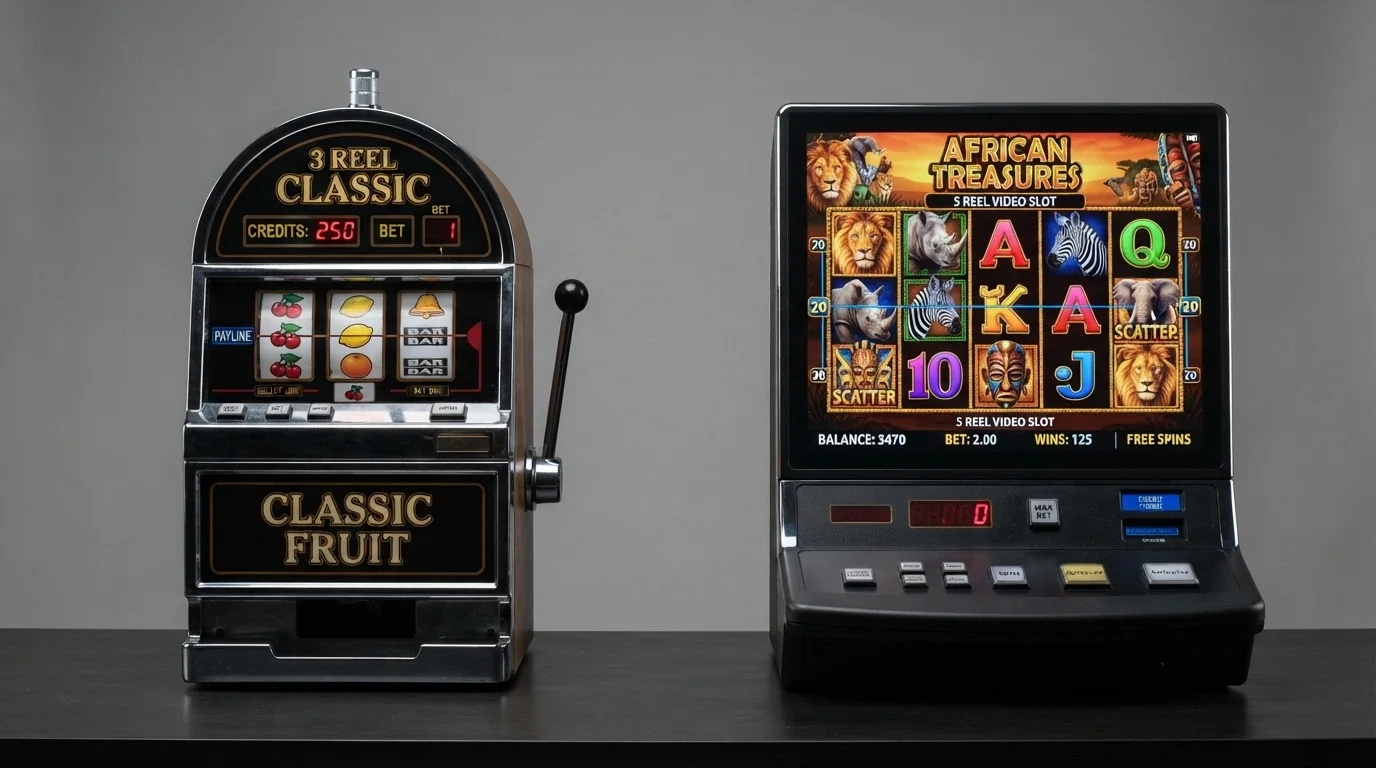 A side-by-side comparison of a classic three-reel pokie layout and a modern five-reel video pokie