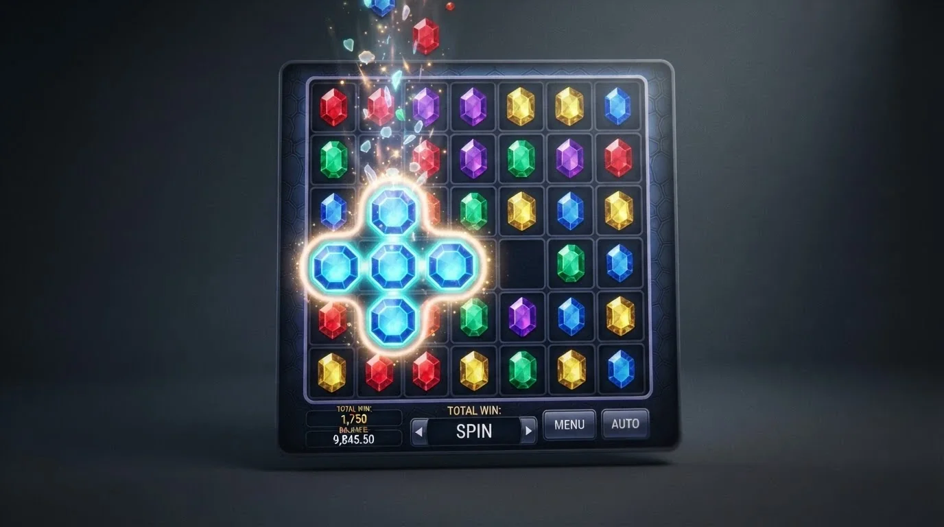 A close-up diagram of a 7×7 grid-slot interface highlighting a cluster-pay win, with the winning cluster outlined and the cascade about to drop new symbols