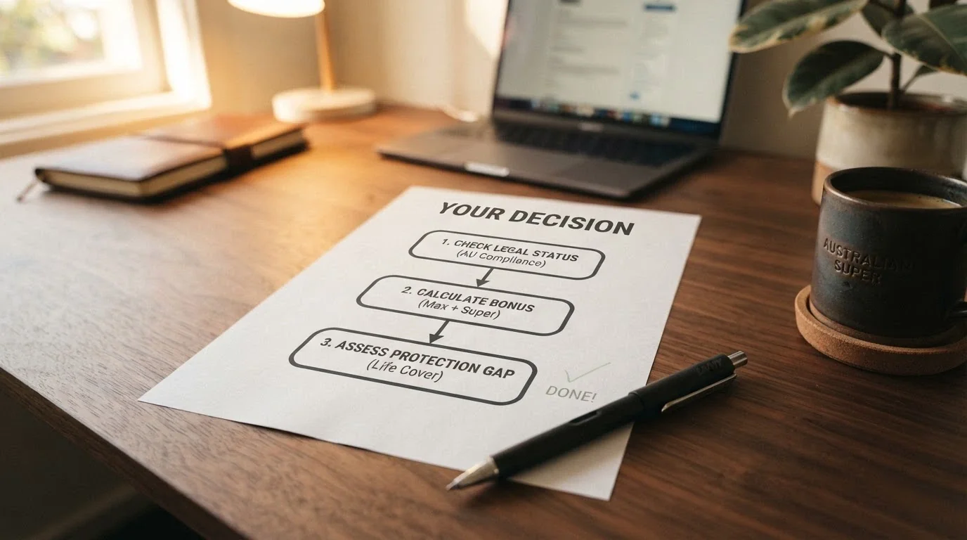 A decision-flow visual summarising the page's three key findings — the legal status, the bonus maths and the protection gap — pointing toward the sensible course