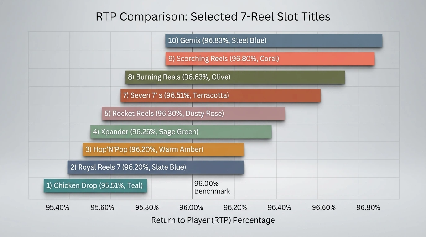 A visual comparison bar chart showing the RTP percentages of the ten researched 7-reel slot titles side by side
