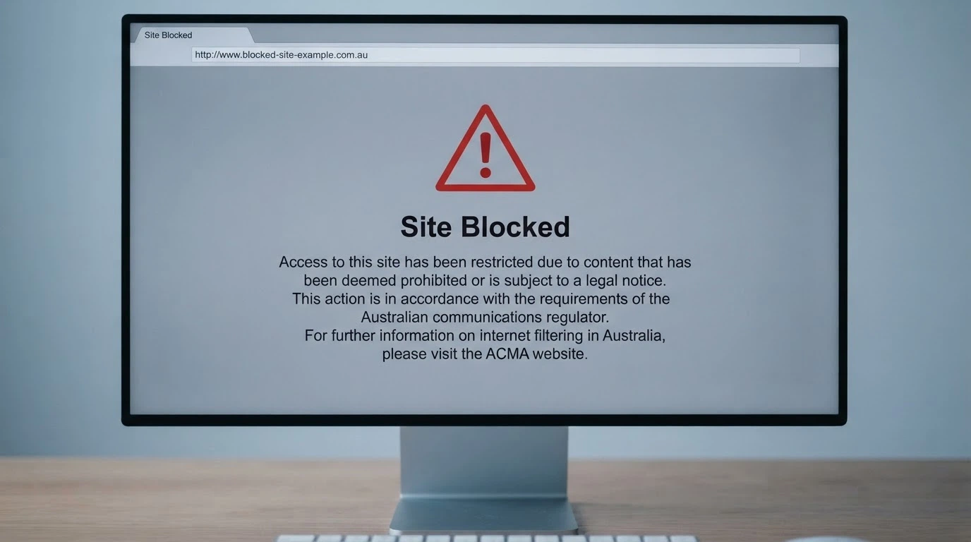 A browser window displaying an ACMA site-blocking notice with the ACMA logo and a list of blocked domain names