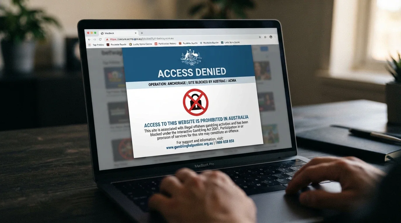 A browser window displaying an ACMA blocking notice page, with casino site URLs greyed out behind it and a padlock symbol crossed out