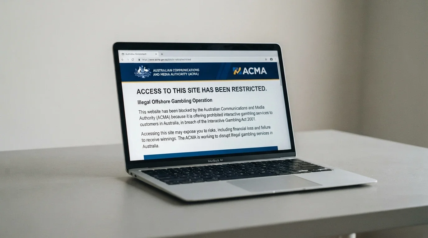 A browser window showing the ACMA blocking notice that an Australian ISP displays when a user tries to reach a blocked illegal gambling site, with the ACMA logo and explanatory text visible.