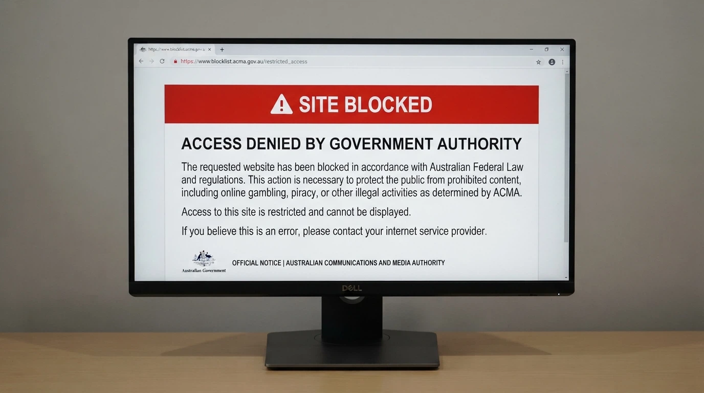 A browser window showing an ACMA blocking notice — the standard ISP-level block screen an Australian sees when a site has been blocked