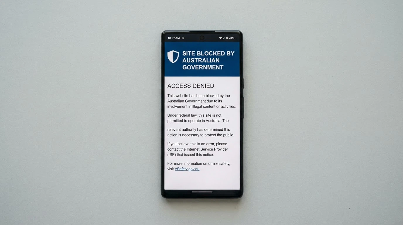 An Australian smartphone screen showing an ACMA blocking notice for an illegal gambling website with the ACMA logo visible