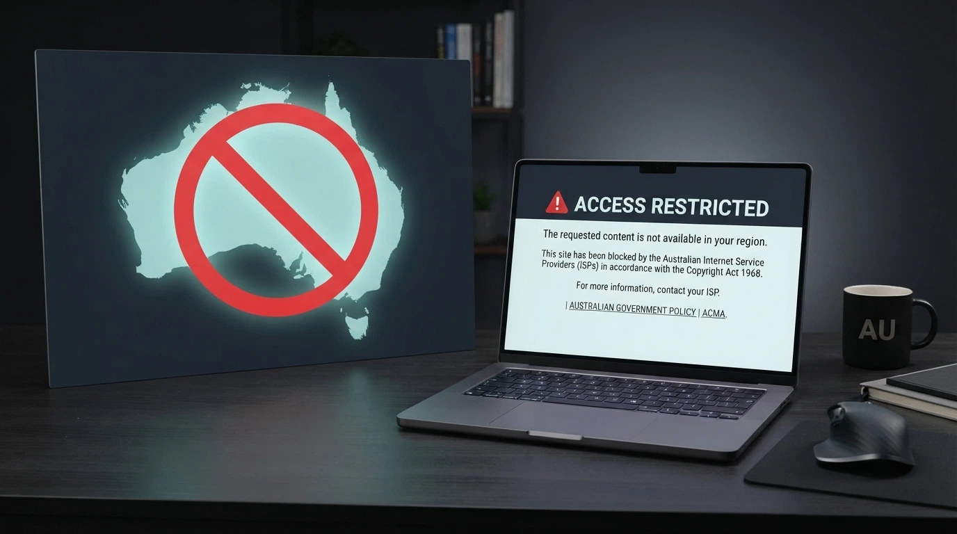 An Australian map outline with a red prohibition symbol and a computer screen displaying an ACMA blocking notice for an illegal gambling website