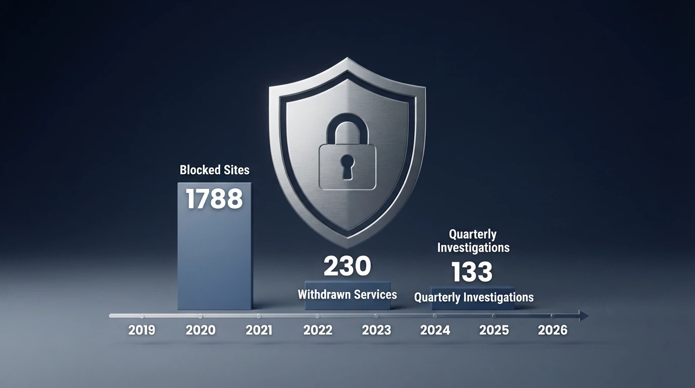 A graphic showing the ACMA enforcement dashboard with blocked-site counters, investigation numbers and the Interactive Gambling Act reference