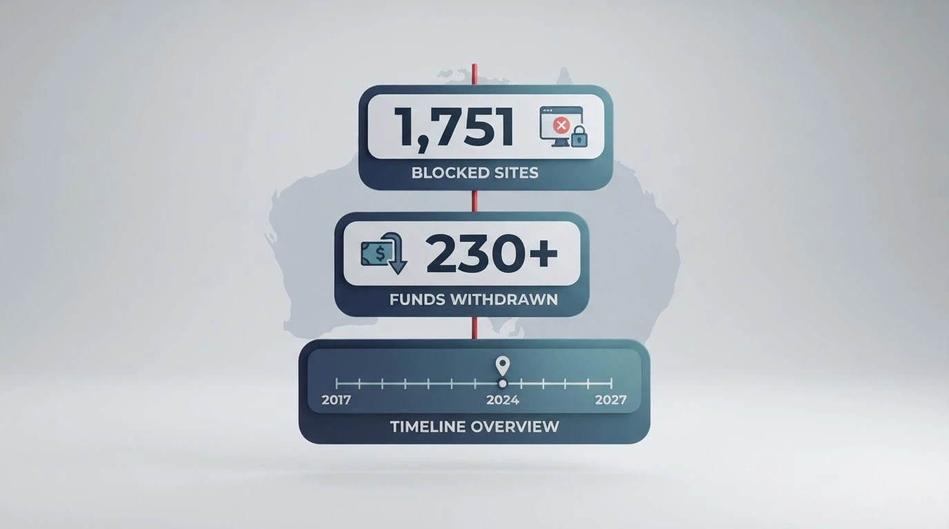 An infographic showing the scale of ACMA enforcement — 1,751 sites blocked, 230+ operators withdrawn, a timeline from 2017 to the 2026 reform — with the Australian map in the background