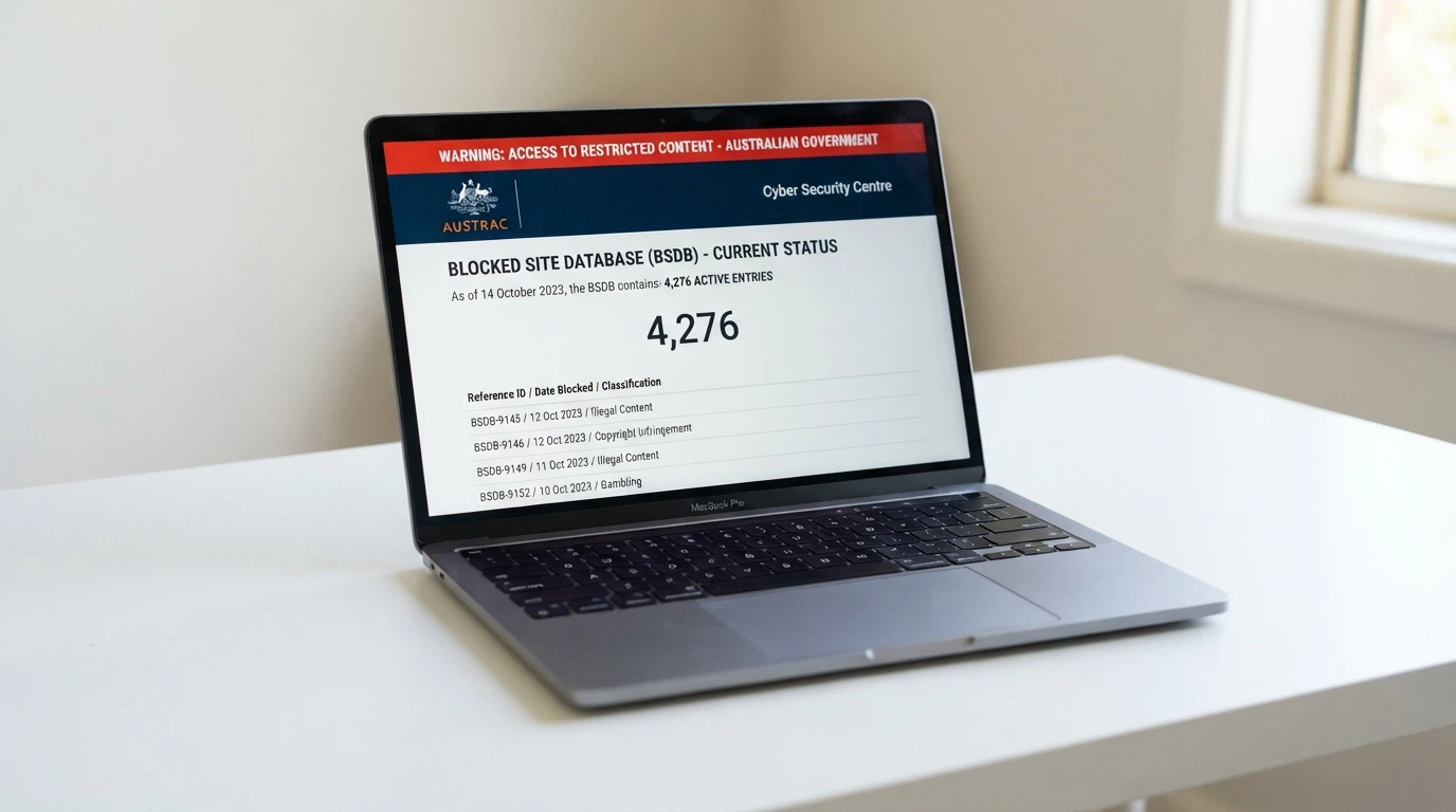 A laptop or phone screen displaying the ACMA website's blocked-services page with Australian Government branding visible