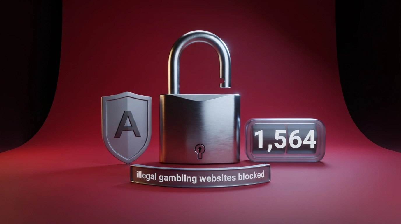 An Australian government-style warning graphic with the ACMA logo and the text “1,564 illegal gambling websites blocked” beside a padlock icon