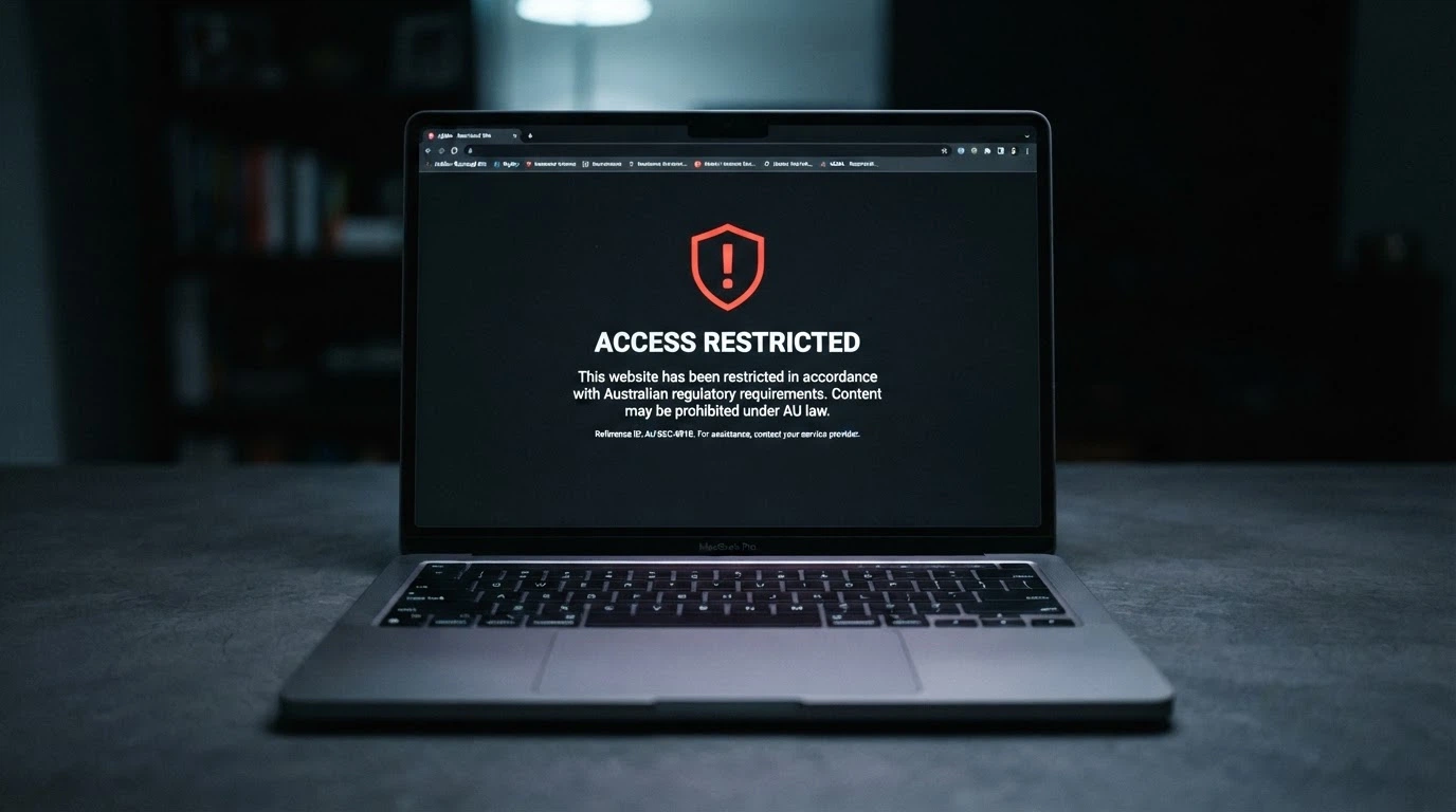 A browser window showing an ACMA blocking notice on a gambling website with the ACMA logo visible