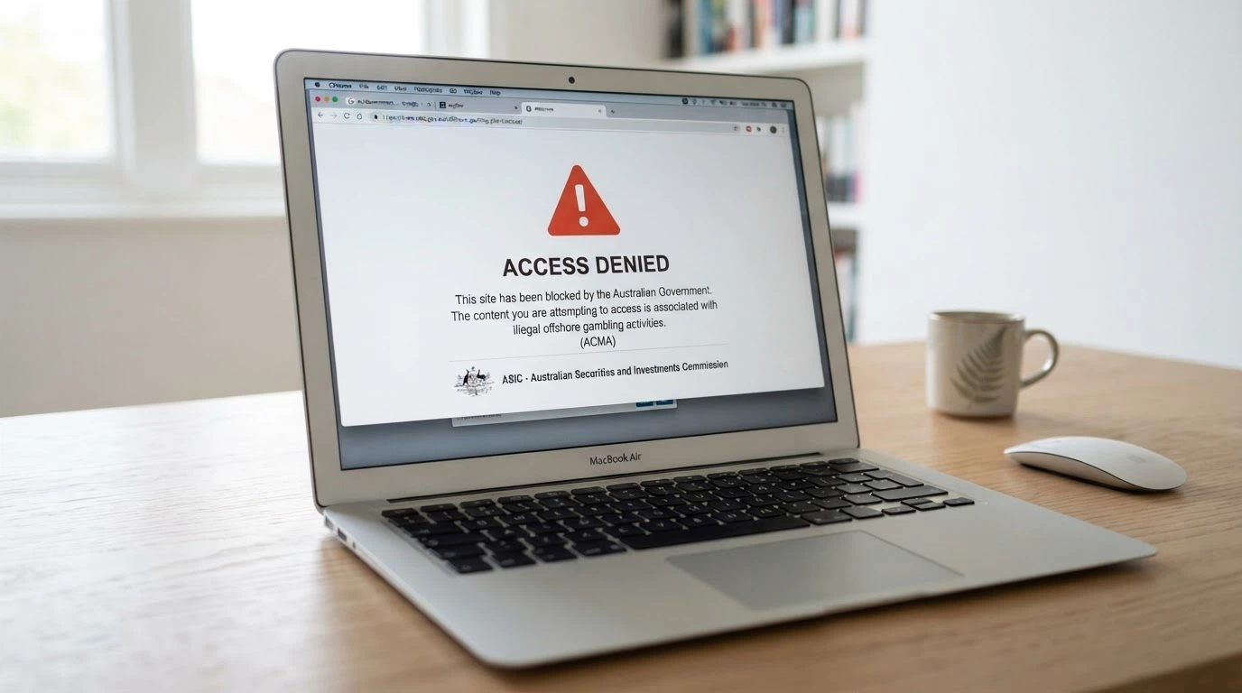 A government-style notice screen with a warning icon and the text “This site has been blocked by ACMA” displayed prominently