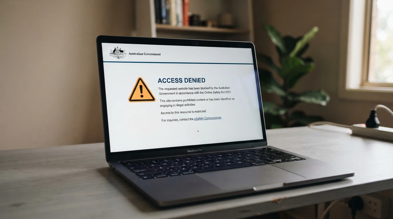 A browser window displaying the ACMA-blocked-site notice an Australian ISP serves when a blocked casino domain is accessed