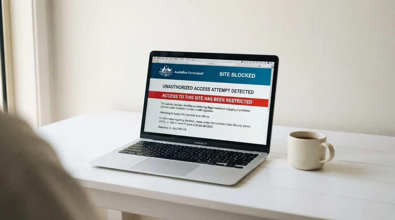 A browser window displaying the ACMA blocking notice that an Australian ISP serves when a blocked gambling site is accessed, with the ACMA logo clearly visible