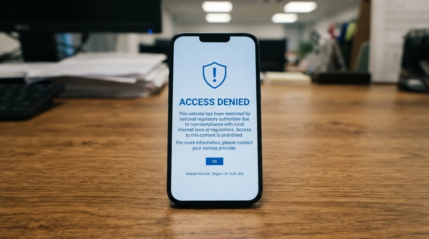 An ACMA blocked-site notice as it appears in a mobile browser, with the ACMA logo and blocking message