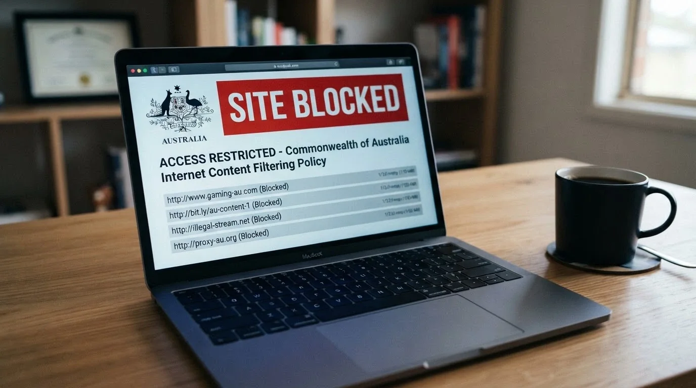 A laptop screen showing the ACMA website with a blocked-site warning notice and a list of prohibited gambling URLs, with an Australian Government crest visible
