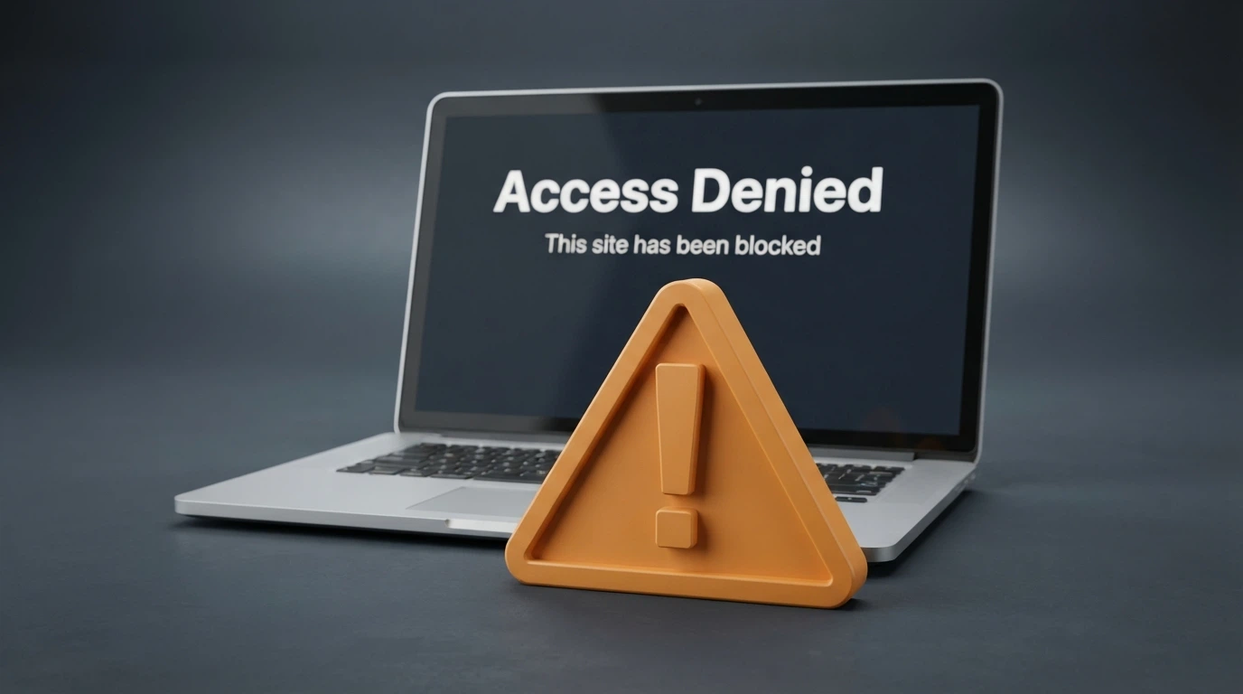 An official-looking warning symbol overlaid on a laptop screen showing a blocked-website notice