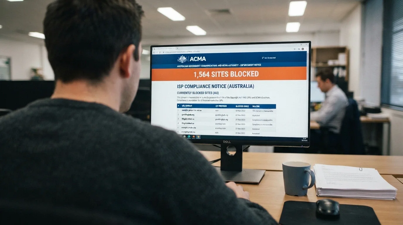 The ACMA webpage listing blocked illegal gambling websites with the ISP blocking notice and the 1,564-sites figure visible on screen