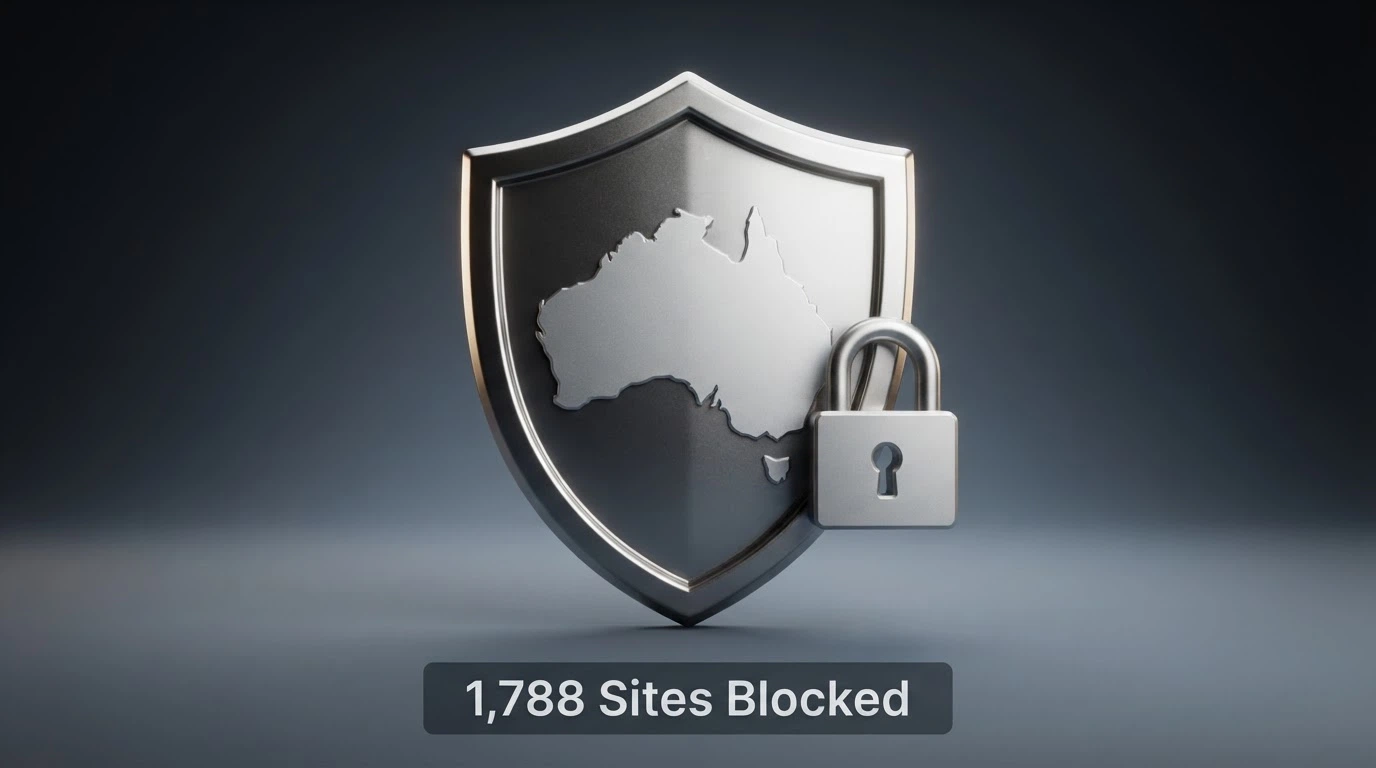 A government-style document or regulatory seal with a warning notice, overlaid with an ISP-blocking icon and an Australian map outline