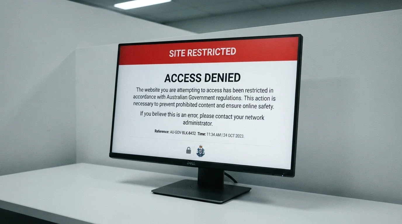 A browser window displaying the ACMA website-blocking notice that Australian ISPs show when a gambling site has been blocked, with the ACMA logo visible