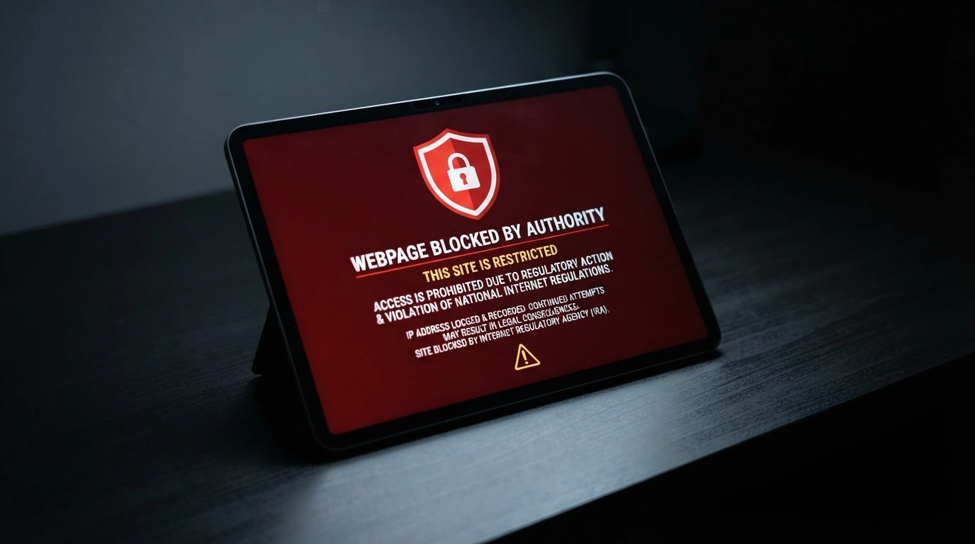 An iPad screen displaying an ACMA-style blocking notice, text referencing the Interactive Gambling Act and site-blocking authority, the ACMA logo visible