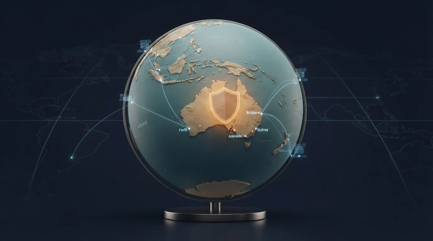 A stylised map showing Australian jurisdiction with offshore casino traffic paths and an ACMA blocking symbol