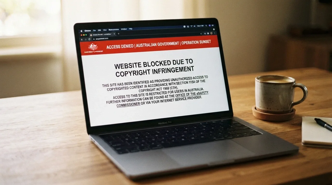 A screenshot-style recreation of the ACMA blocking notice an Australian user sees when an ISP has blocked an illegal gambling site, with the ACMA logo and a plain-English explanation