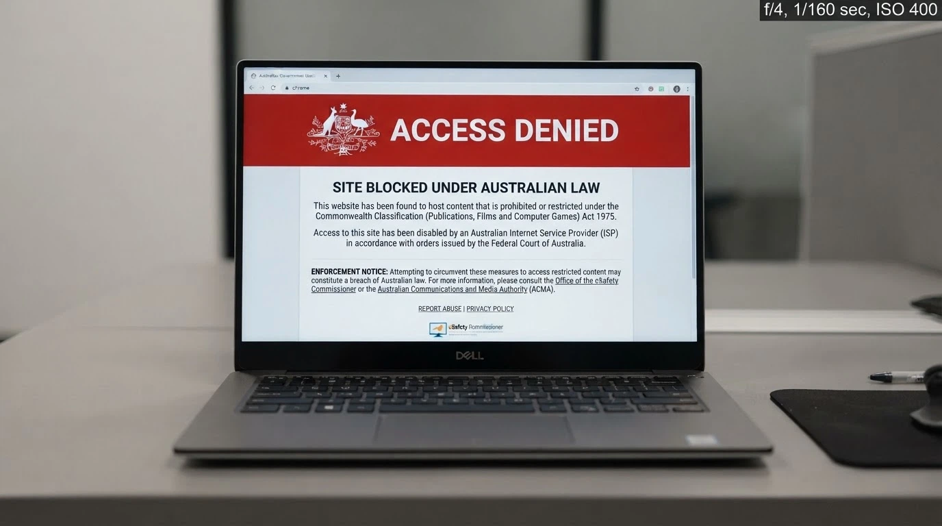 An Australian government-style webpage or notice referencing the Interactive Gambling Act and ACMA enforcement, with a blocked-site warning visible