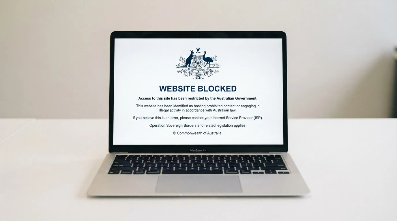 A browser window displaying an ACMA blocking notice page with the Australian Government crest visible