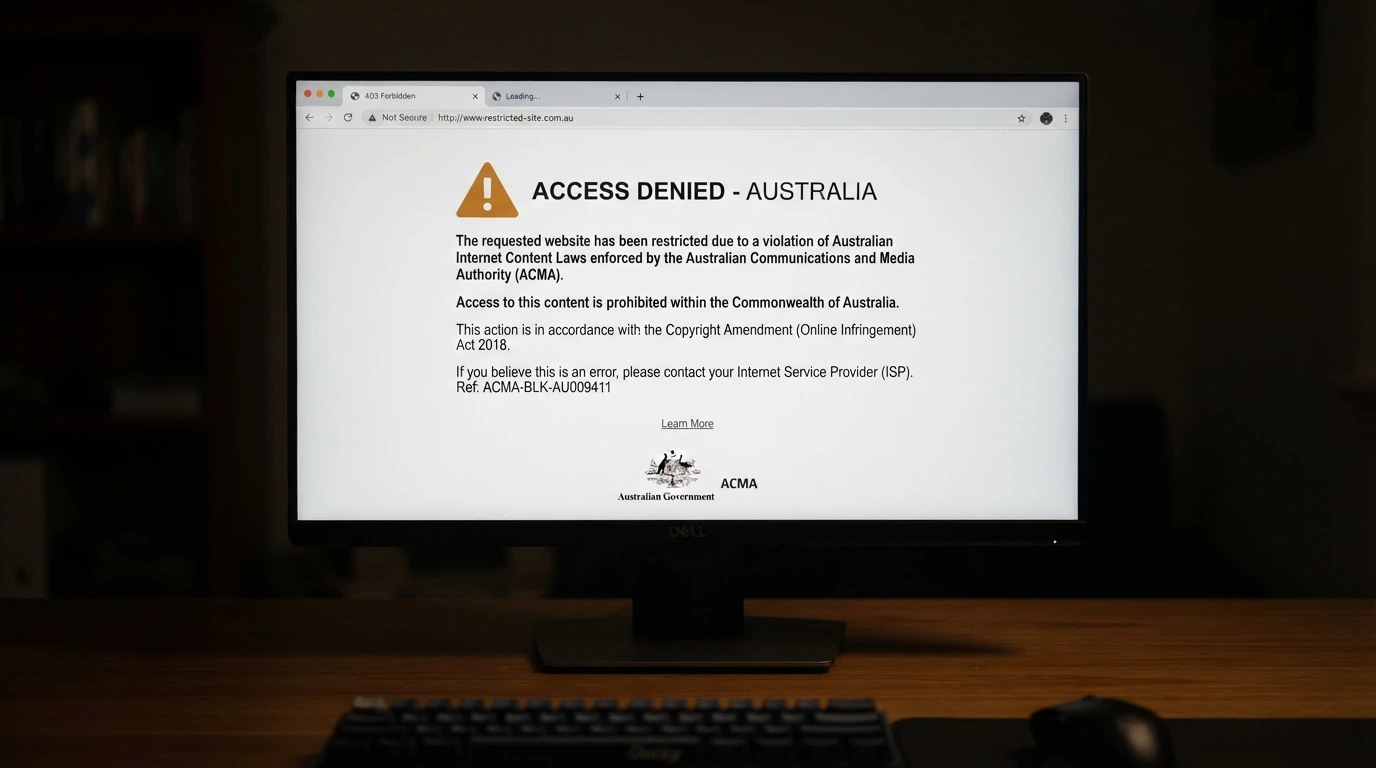 A browser window displaying the ACMA site-blocking notice an Australian ISP serves when a blocked gambling domain is accessed