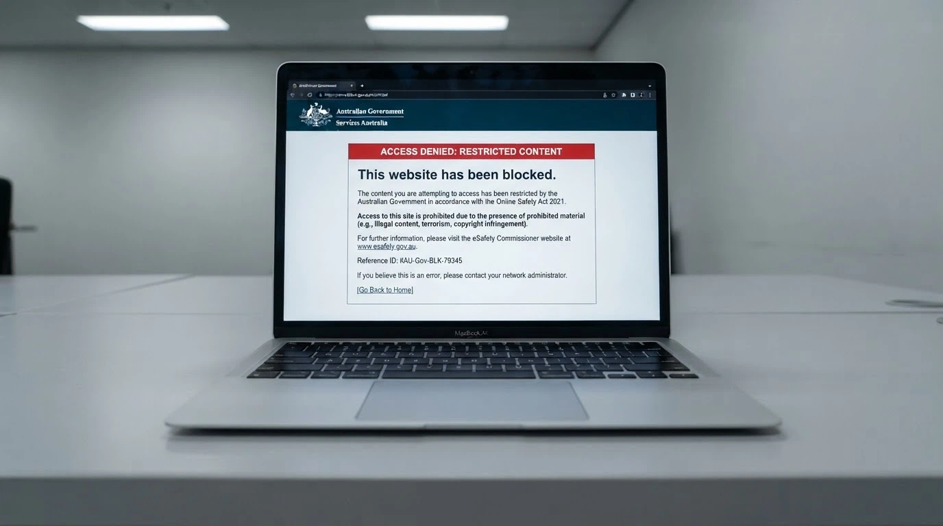 A laptop screen displaying the ACMA website with a blocked-site notice and the Australian Government crest visible