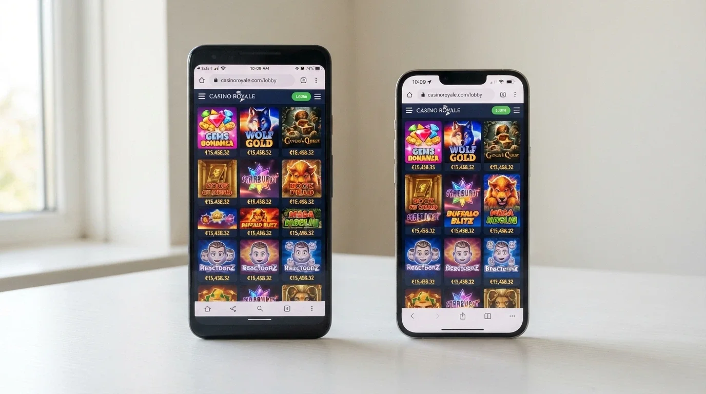 Two phones side by side, one Android and one iPhone, both displaying the same casino lobby in a mobile browser with pokies thumbnails visible