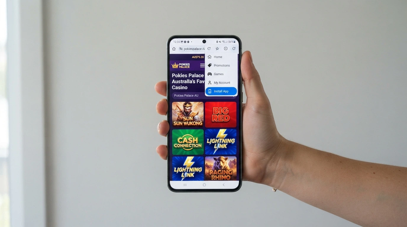 An Android phone screen showing the Chrome browser menu with the “Install App” option visible above a casino website
