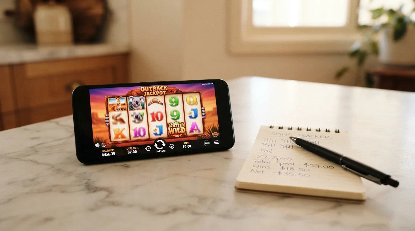 An Android phone displaying a pokie game in progress with a running tally of spins, stake and estimated house-edge cost