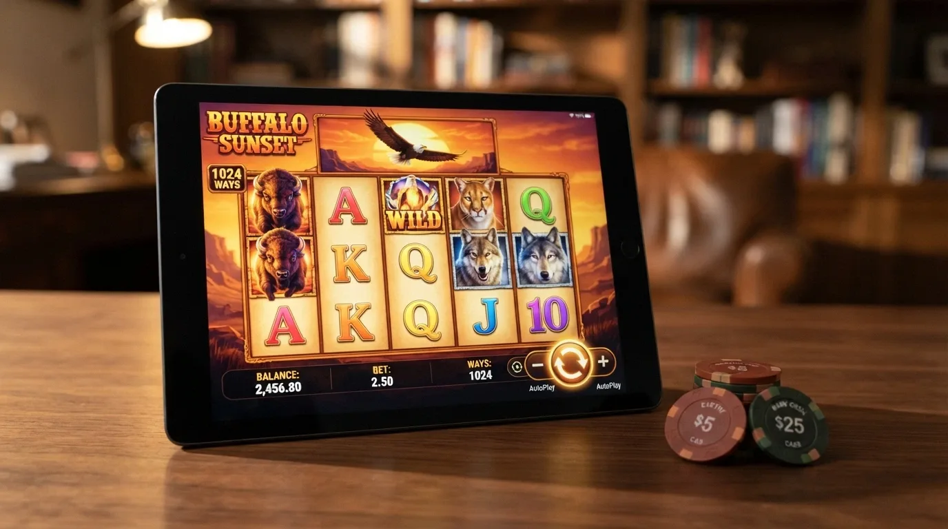 An iPad in landscape orientation showing the Buffalo pokie by Aristocrat, the 1024-ways logo and the spin button visible on screen