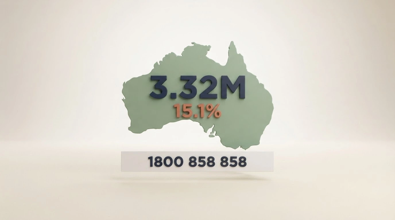 A data-visualisation style graphic: a simplified map of Australia with the figure 3.32M and the percentage 15.1% prominently displayed, beneath it a smaller row showing the helpline number 1800 858 858