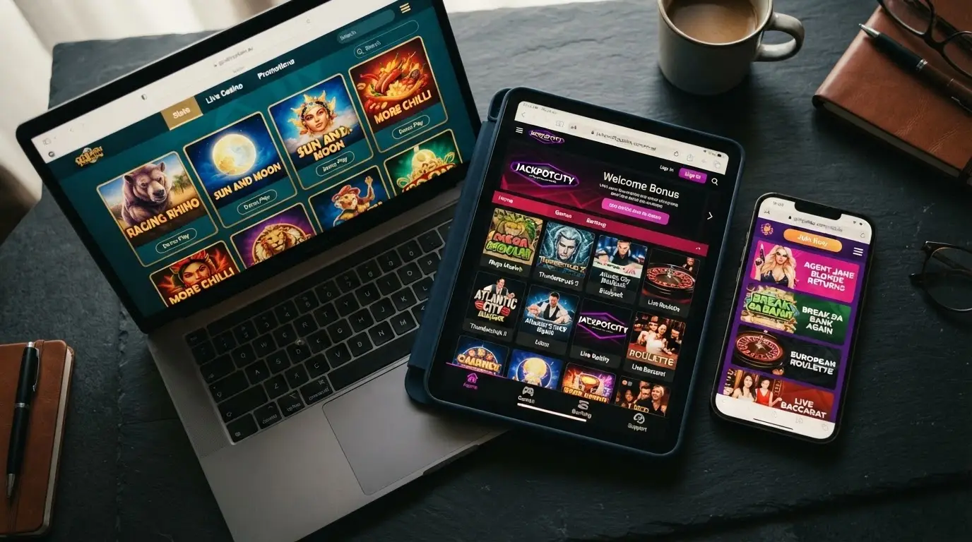 A stylised comparison view of casino platform interfaces — different colour schemes, game lobbies and bonus banners representing the variety in the featured set