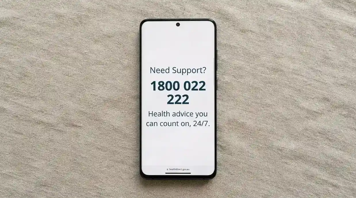 A phone screen showing the Gambling Help Online website or the BetStop registration page, with the 1800 858 858 number displayed prominently