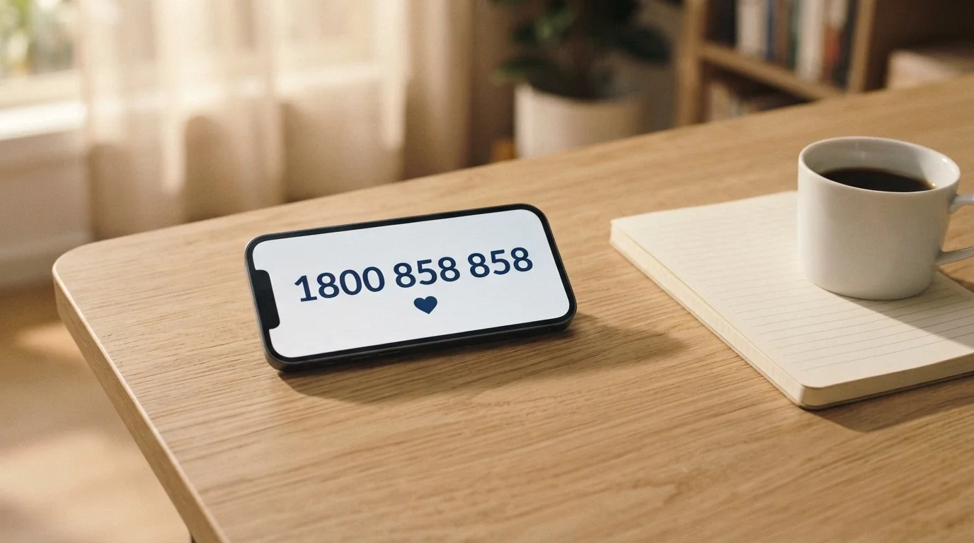 A phone displaying the number 1800 858 858 on screen, resting on a desk beside a notepad and a cup of coffee, with soft natural light