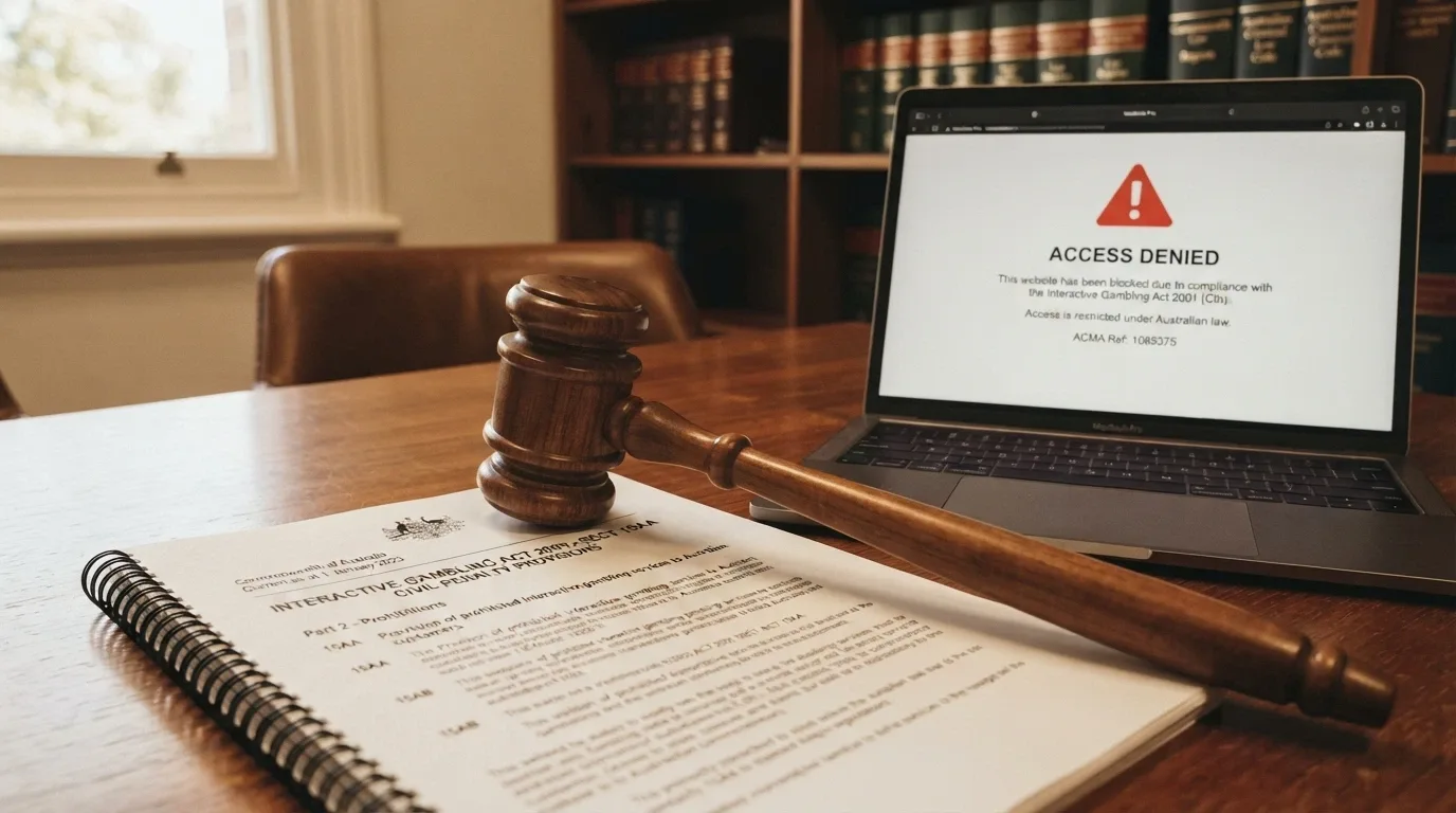 A gavel resting on a printed copy of the Interactive Gambling Act 2001 beside a laptop showing a blocked-site notice