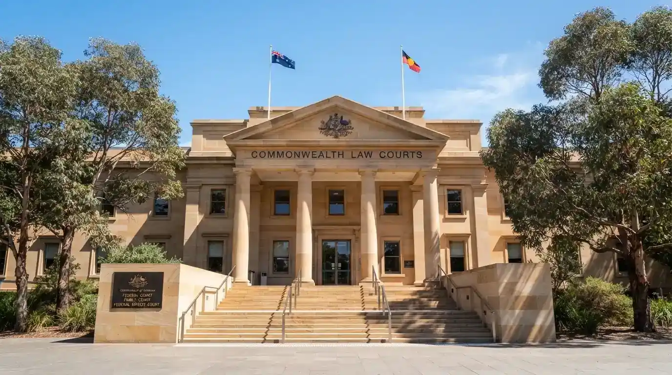 A government building exterior with the ACMA logo visible on a sign, shot in Australian light, no people in frame