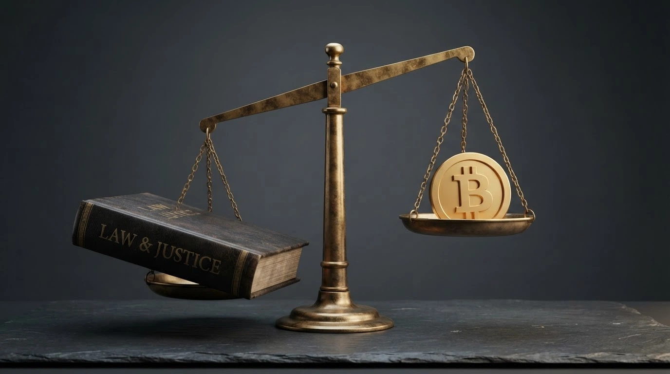 A set of scales with the Interactive Gambling Act on one side and a Bitcoin symbol on the other, tilted toward the IGA, against a muted legal-style background