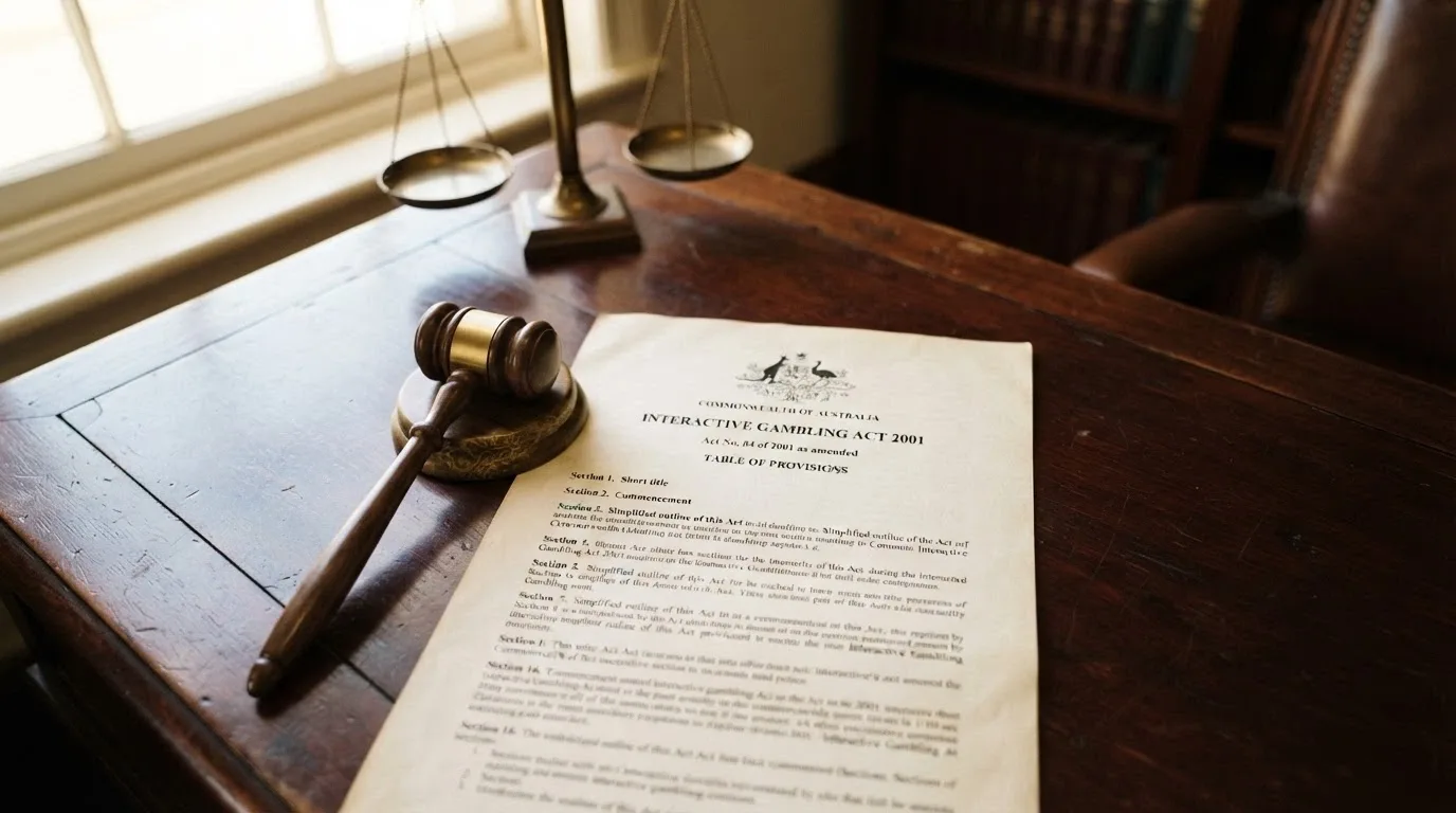 A close-up of the Interactive Gambling Act 2001 cover page or Commonwealth legislation header, with a gavel and scales in the background