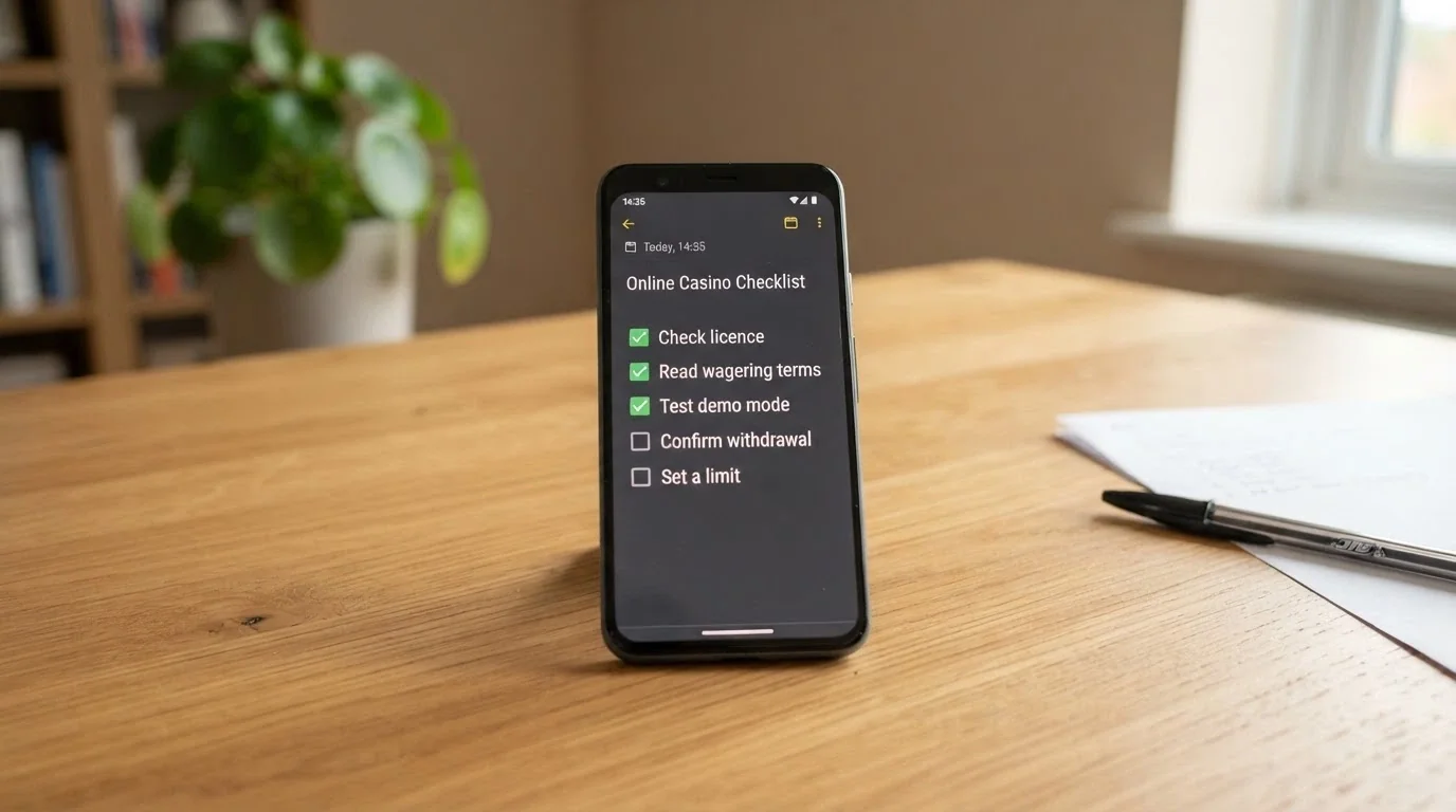 A notepad or phone notes screen with a short checklist: check licence, read wagering terms, test demo mode, confirm withdrawal method, set a limit — each item with a tick box