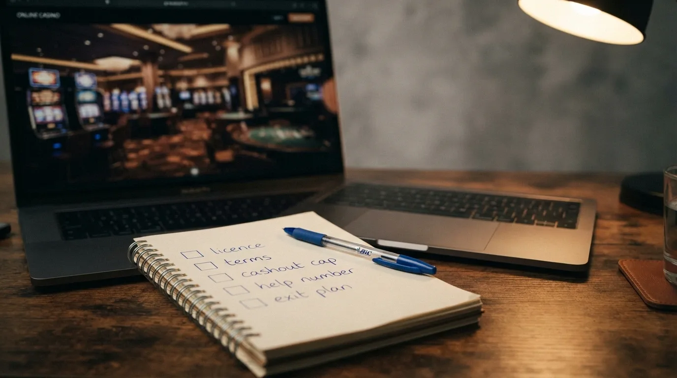 A notepad with a handwritten checklist of pre-deposit questions — licence, terms, cashout cap, help number — next to a paused laptop screen