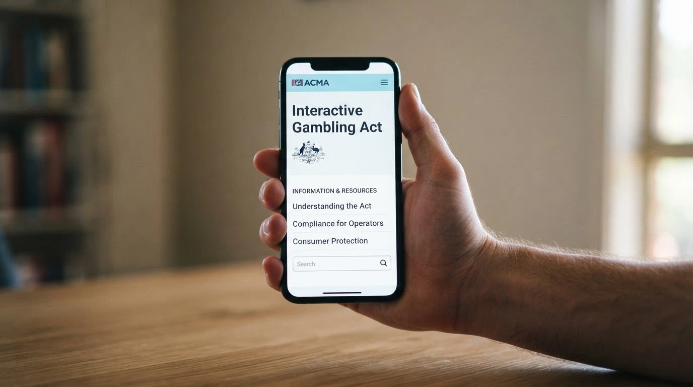 A smartphone displaying the ACMA website homepage with the Interactive Gambling Act reference visible