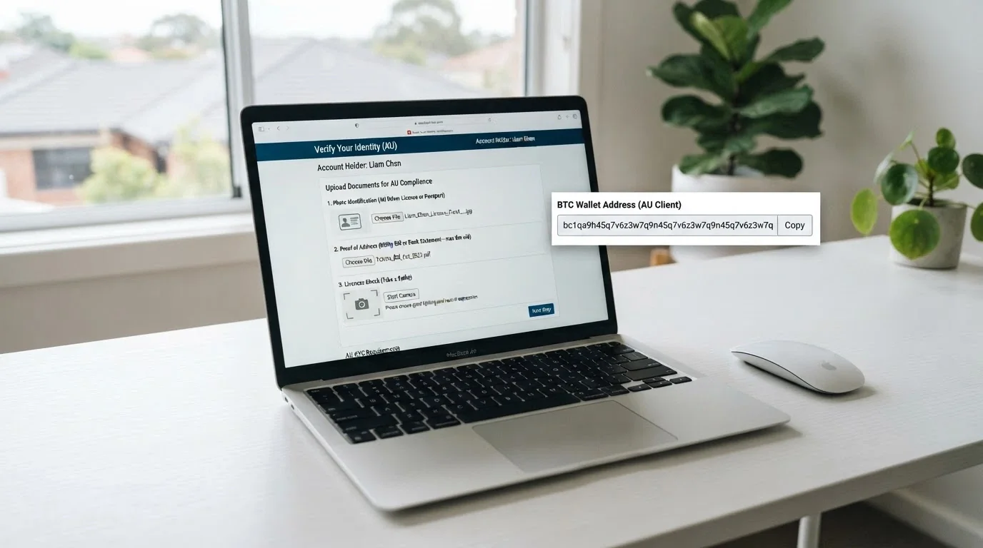 A laptop screen showing a casino KYC upload form requesting photo ID, proof of address and a selfie, with a BCH wallet address visible in another window