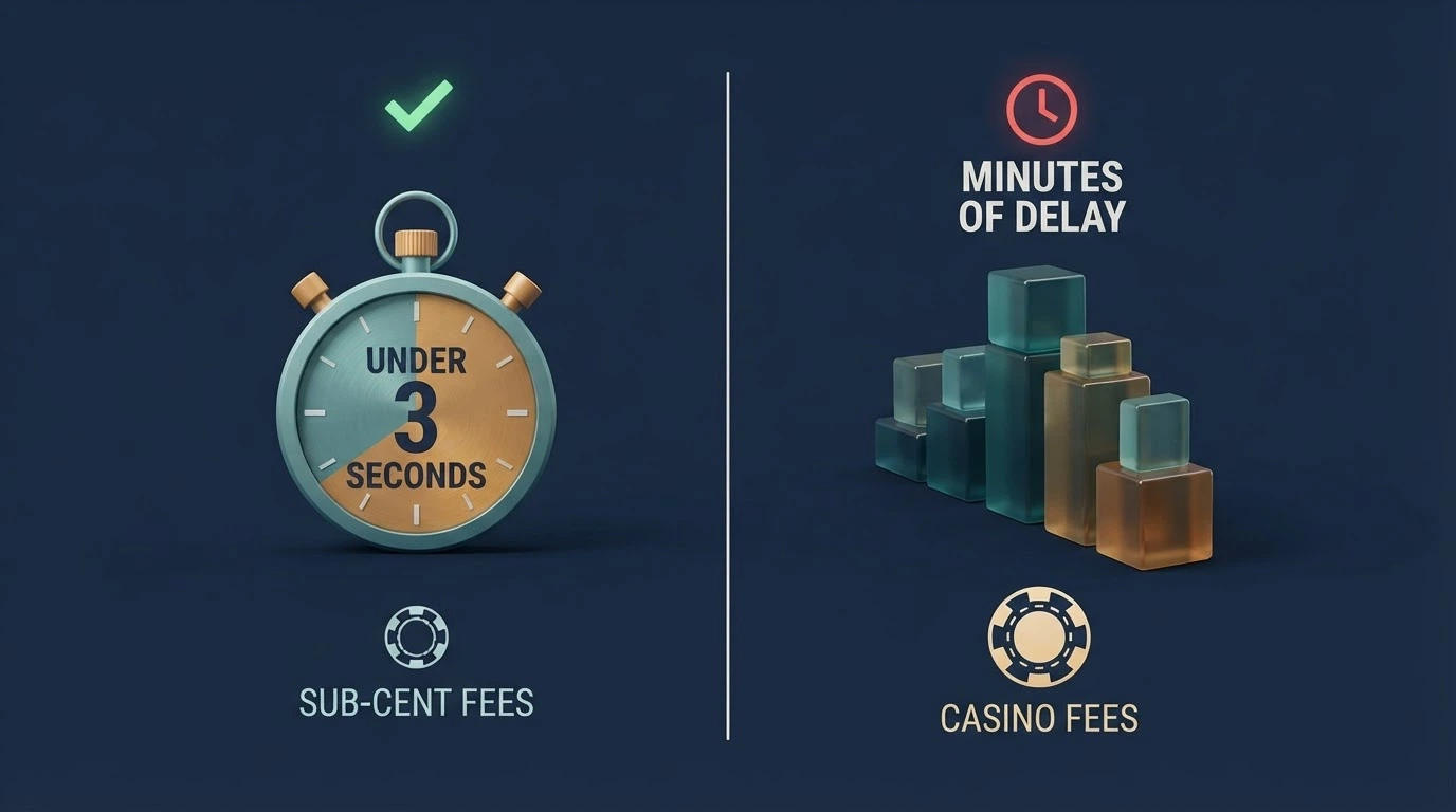 A split comparison showing BCH deposit confirmation time (under 3 seconds) next to a BTC confirmation queue with multiple pending blocks