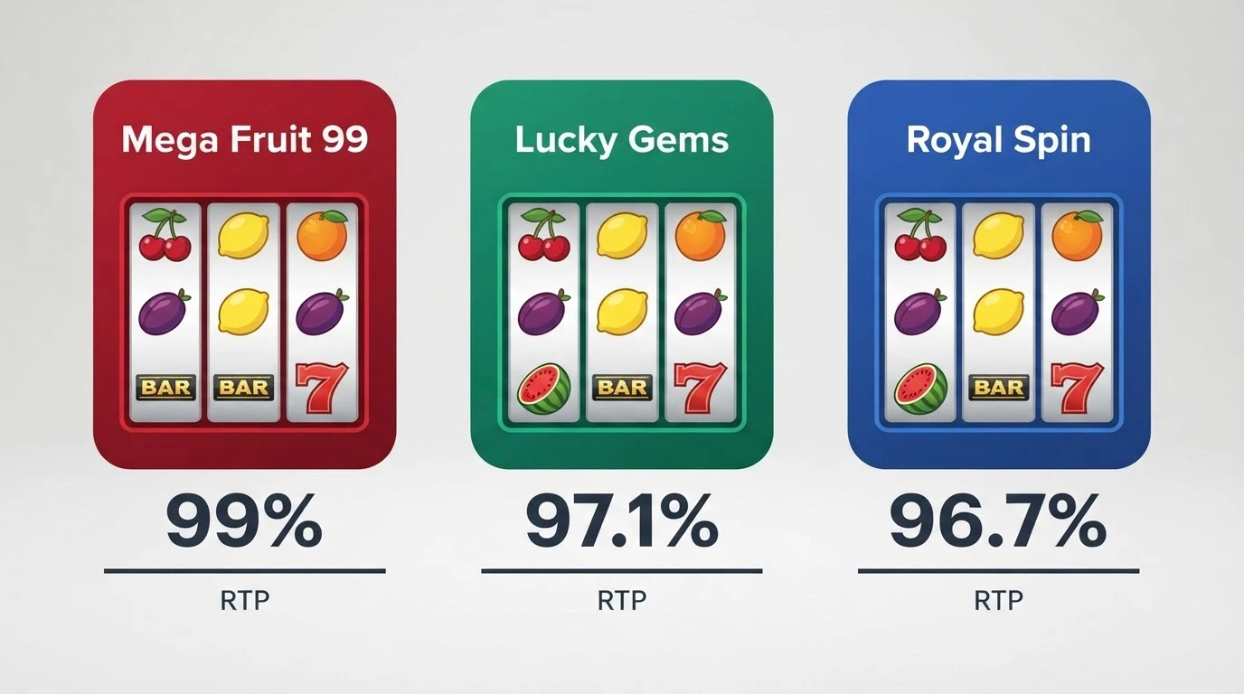 A split-screen comparison of three 3-reel pokie title cards with their RTP percentages displayed beneath each one
